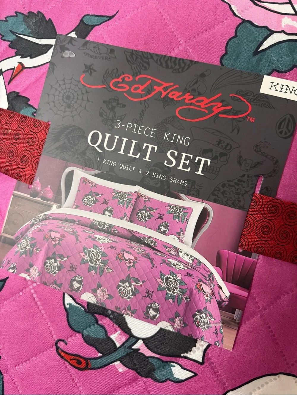 Ed Hardy Pink Skull Rose 3 Piece Quilt Set King Size Bedding w/ Pillow Shams NWT